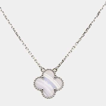 Pre Owned Van Cleef & Arpels Vintage Alhambra Chalcedony 18k White Gold Pendant Necklace