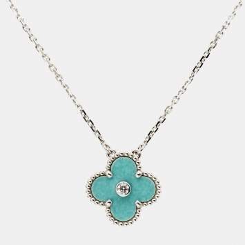 Pre Owned Van Cleef & Arpels Vintage Alhambra Limited Edition Holiday 2022 Celadon Sevres Porcelain  Diamond 18k White Gold Necklace