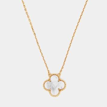 Pre Owned Van Cleef & Arpels Vintage Alhambra Mother of Pearl 18k Yellow Gold Pendant Necklace