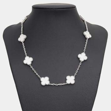 Pre Owned Van Cleef & Arpels 18K White Gold and Mother of Pearl Vintage Alhambra 10 Motifs Necklace