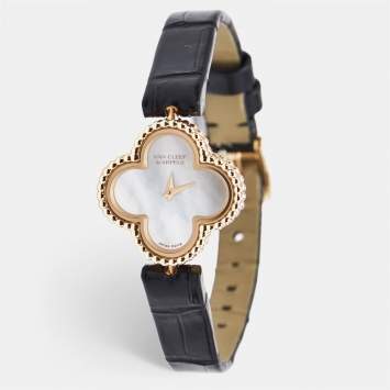 Pre Owned Van Cleef & Arpels Mother of Pearl 18k Rose Gold Alligator Sweet Alhambra VCARO8SF00 22.70 x 22.70 mm