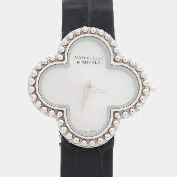 Pre Owned Van Cleef & Arpels Alhambra Quartz MOP White Gold Women's Wristwatch 25.5 mm
