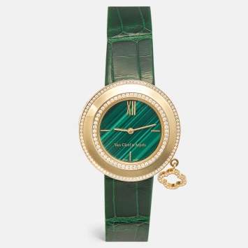 مملوكة مسبقًا Van Cleef & Arpels Charms VCARO8NR00 Green Dial 18k Rose Gold Diamond Malachite Alligator Leather Women's Wristwatch 32 mm