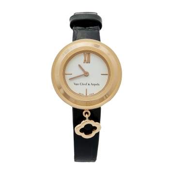 Pre Owned Van Cleef & Arpels White 18k Rose Gold Leather Charms HH67618 Women's Wristwatch 25 mm