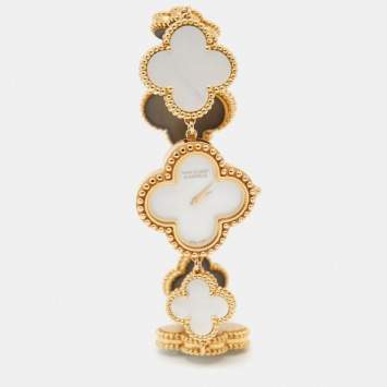 Pre Owned Van Cleef & Arpels Mother Of Pearl 18K Yellow Gold Vintage Alhambra 136674 Women's Bracelet Watch 26 mm