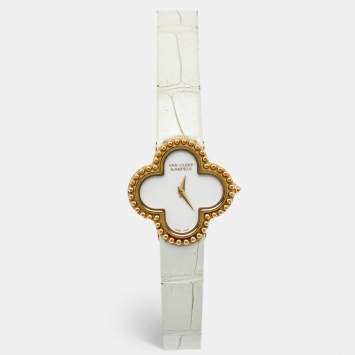 Pre Owned Van Cleef & Arpels White Mother Of Pearl 18K Yellow Gold Alligator Leather Alhambra Small Model VCARD22000 Women's Wristwatch 25.50 mm