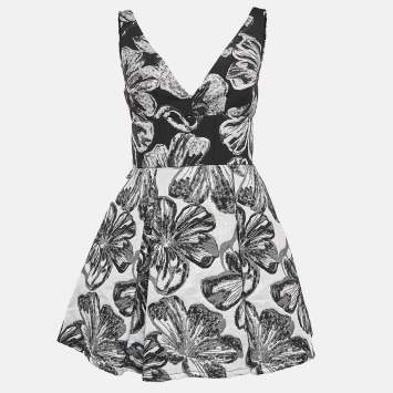 Pre Owned Vera Wang Black Floral Brocade Pleated Mini Dress S