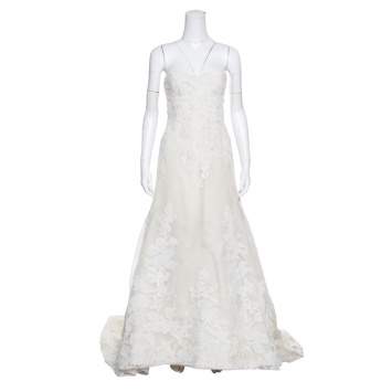 Pre Owned Vera Wang Luxe Cream Floral Lace Applique Embellished High Low Wedding Gown M