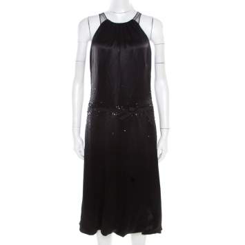 Pre Owned Vera Wang Black Embellished Satin Bod Detail Sleeveless Dress M