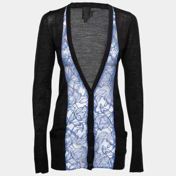 Pre Owned Vera Wang Collection Black and Blue Lace Trim Button Front Cardigan S