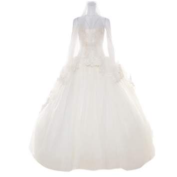 Pre Owned Vera Wang Cream Bead Embellished Silk Layered Tulle Gown L