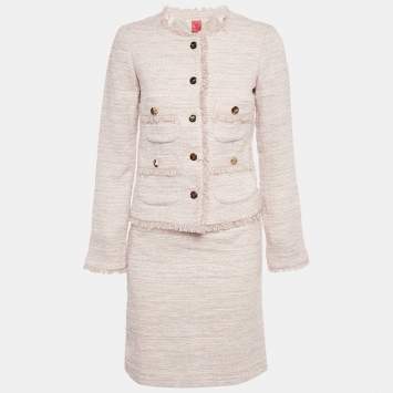 Pre Owned Veronica Virta Pink Lurex Tweed Blazer & Skirt Suit Set XS