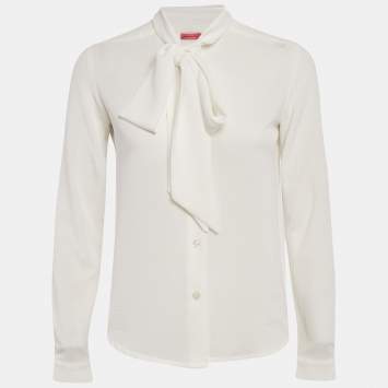 Pre Owned Veronica Virta White Crepe Neck Tie -Up Detail Blouse XS