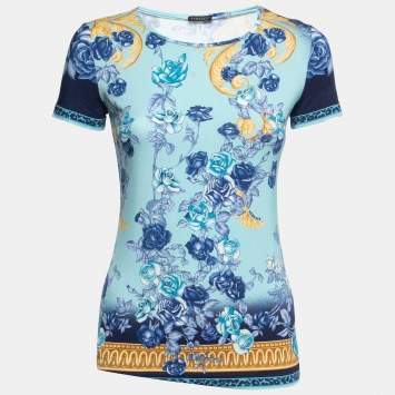 Pre Owned Versace Blue Floral Printed Jersey Round Neck T-Shirt M