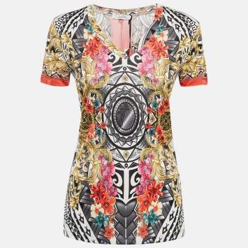 Pre Owned Versace Collection Multicolor Floral Print Jersey V-Neck T-Shirt M