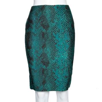 Pre Owned Versace Collection Green Snakeskin Pattern Jacquard Pencil Skirt M