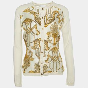 Pre Owned Versace Collection Cream Baroque Print Silk & Cotton Button Front Cardigan S