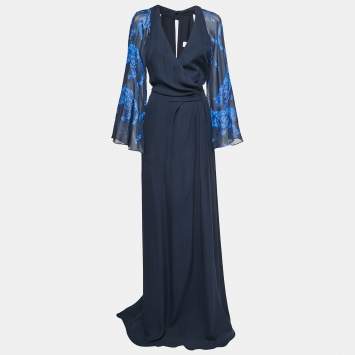 Pre Owned Versace Collection Blue Silk Chiffon Draped Floral Sleeve Gown L