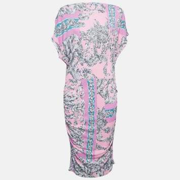 Pre Owned Versace Collection Pink Printed Jersey Ruched Midi Dress M