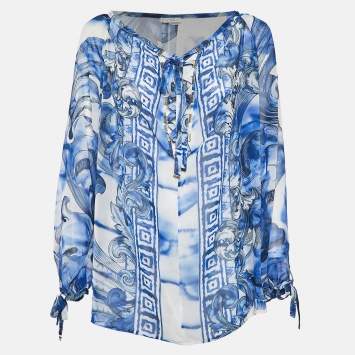 Pre Owned Versace Collection White/Blue Printed Chiffon Lace-Up Top M