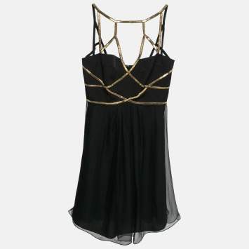 Pre Owned Versace Collection Black Crepe Embellished Strap Detail Mini Dress M