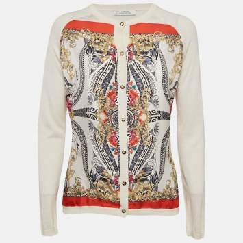 Pre Owned Versace Collection Cream Printed Silk and Knit Buttoned Cardigan M