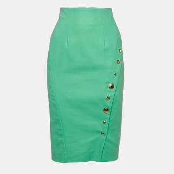 Pre Owned Versace Collection Green Cotton Blend Button Detail Pencil Skirt M