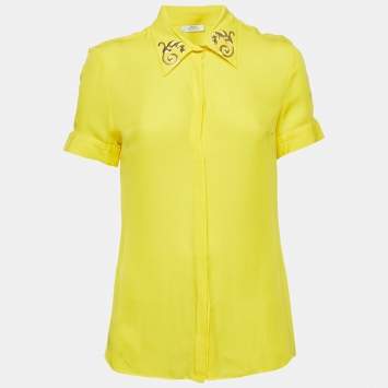 Pre Owned Versace Collection Yellow Embellished Collar Silk Short Sleeve Shirt M