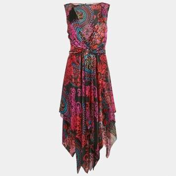 Pre Owned Versace Collection Black Printed Satin Silk Asymmetric Midi Dress L