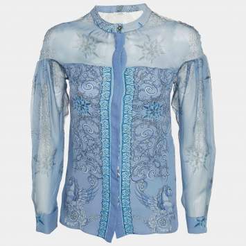 Pre Owned Versace Collection Blue Printed Silk Sheer Shirt S