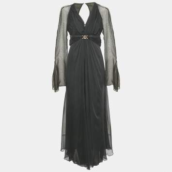 Pre Owned Versace Collection Black Silk Drape Detail V-Neck Maxi Dress M