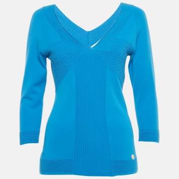 Versace Collection Blue Textured Stretch Knit V-Neck Pullover L
