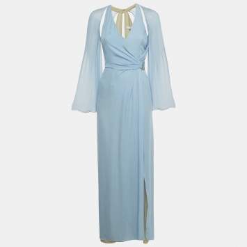 Pre Owned Versace Collection Blue Silk Drape Detail Maxi Dress S