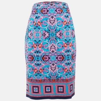 Pre Owned تنورة فيرساتشي كولكشن كريب مطبوعة أزرق متوسط الطول مقاس متوسط (ميديوم)