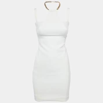 Pre Owned فستان فيرساتشي كولكشن كريب أبيض بتفاصيل سلسلة قصير مقاس متوسط - ميديوم