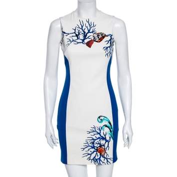 Pre Owned Versace Collection White & Blue Paneled Printed Crepe Sleeveless Short Dress S