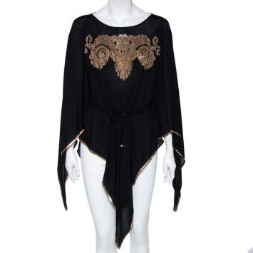 Pre Owned Versace Collection Black Silk Embellished Drawstring Waist Detail Kaftan Top M