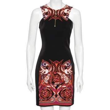 Pre Owned Versace Collection Black & Coral Baroque Print Jersey Fitted Dress S