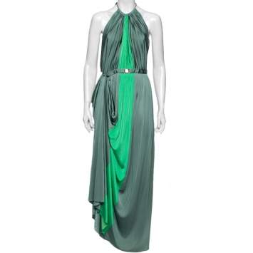 Pre Owned Versace Collection Green Paneled Knit Halter Neck Belted Maxi Dress M