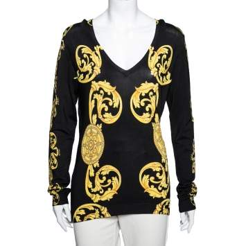 Pre Owned Versace Collection Black and Gold Cage Baroque Print Knit Long Sleeve V Neck Top L