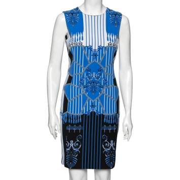 Pre Owned Versace Collection Blue Chain and Barocco Printed Jersey Sleeveless Dress M