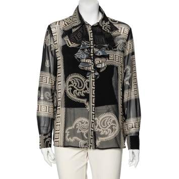 Pre Owned Versace Collection Black Printed Silk Ruffle Detailed Front Long Sleeve Blouse M