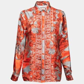 Pre Owned Versace Collection Orange Baroque Print Silk Long Sleeve Shirt M