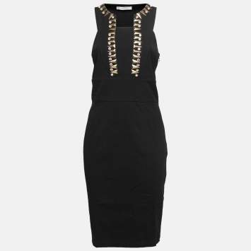 Pre Owned Versace Collection Black Stretch Knit Stud Embellished Midi Dress L