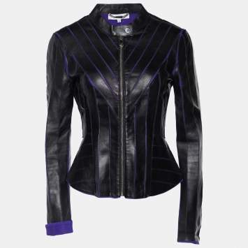Pre Owned Versace Collection Black Leather Patch Detail Jacket M