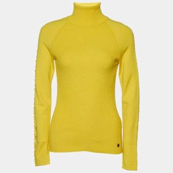 Pre Owned Versace Collection Yellow Patterned Knit Turtleneck Sweater M