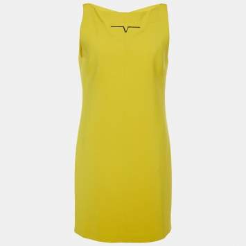 Pre Owned Versace Collection Yellow Stretch Crepe Boat Neck Sleeveless Mini Dress M
