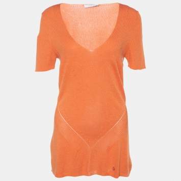 Pre Owned Versace Collection Orange Rib Knit V-Neck Sweater L