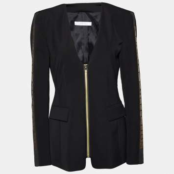 Pre Owned Versace Collection Black Crepe Logo Detail Zip Front Deep Neck Jacket M
