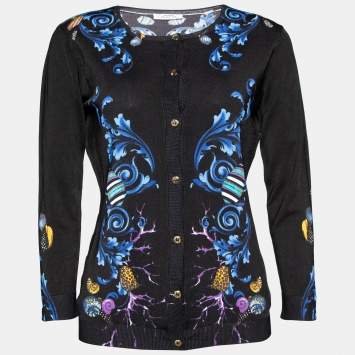 Pre Owned Versace Collection Black Floral Printed Silk Knit Cardigan M